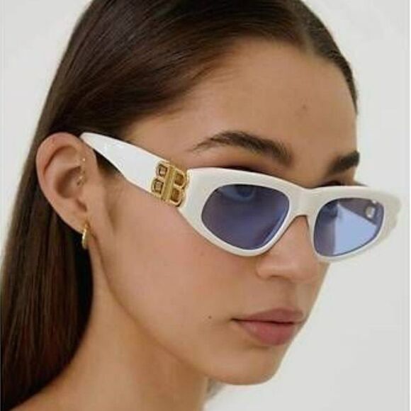 Balenciaga Accessories - NEW Balenciaga BB0095S 004 White Gold Logo Light Blue Cat Eye Unisex Sunglasses